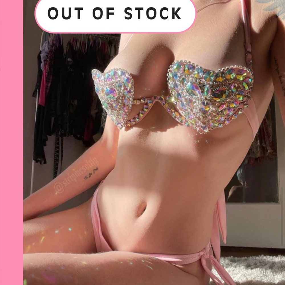Bubble Gum The Brand Two Piece Set Exotic Dancer Outfit Rhinestone Hearts Bikini